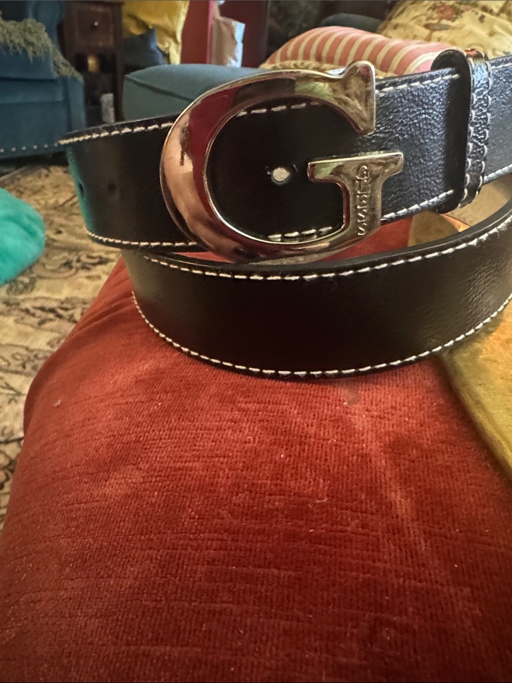Guess Black Leather Belt with Silver G Buckle and White Stitching